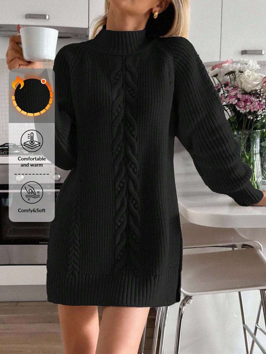 EURMUSE Women's Solid Color Cable Pattern Mini Sweater Dress - Black - View 1