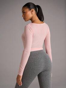 SHEIN BAE Áo thun dài tay buộc dây phía trước thể thao mọi mùa dành cho nữ, họa tiết mỏng, áo chui đầu màu trắng đa năng - Hồng - Xem 2
