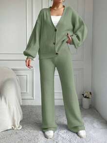 SHEIN Set da donna composto da cardigan a maniche a lanterna e pantaloni lavorati a maglia, colore unico