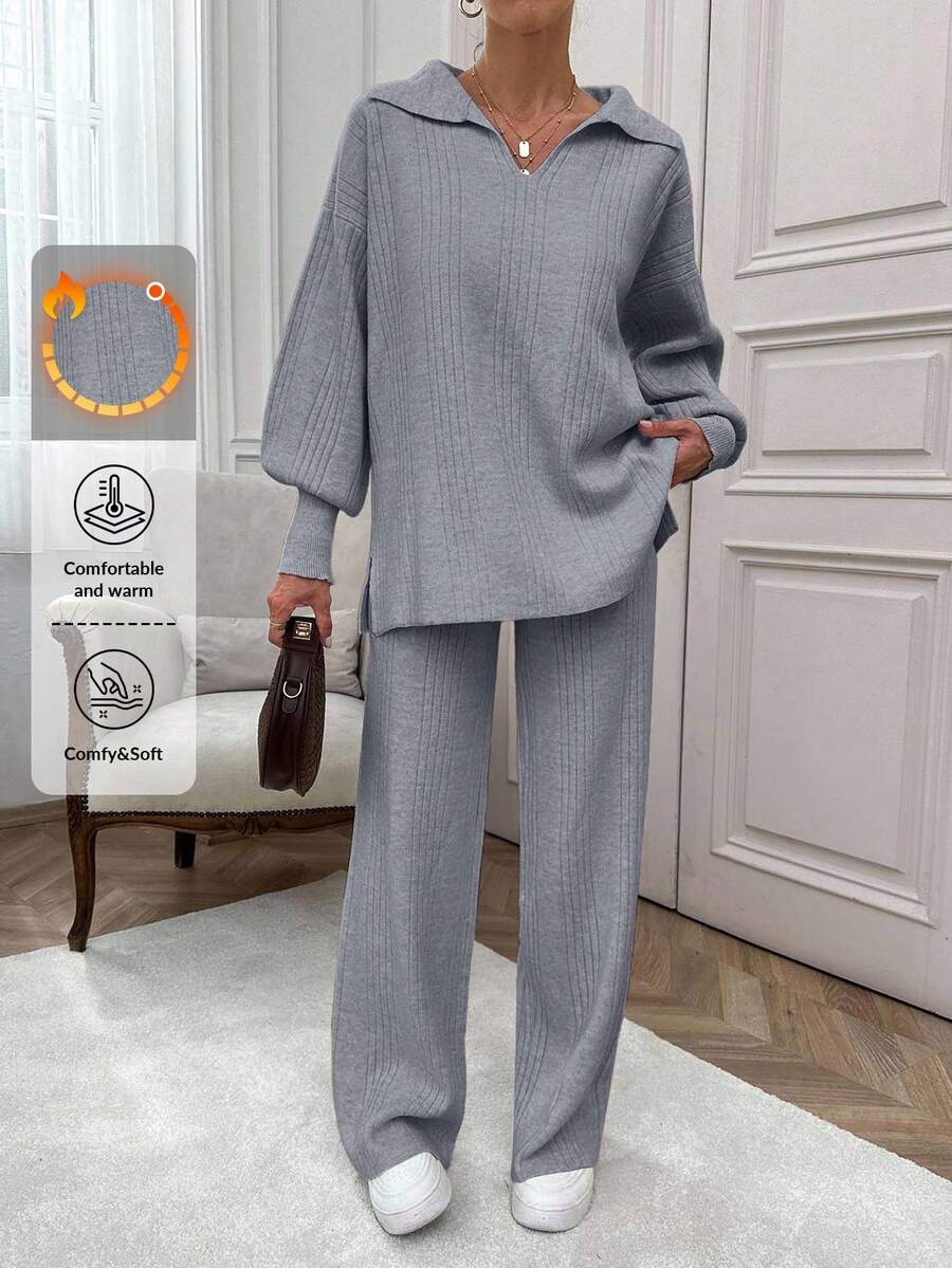 SHEIN Cottnline Rib Pattern Polo Neck Sweater And Pant 2pcs Set - Grey - View 1