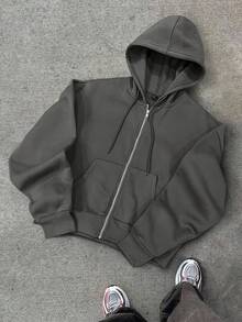 Claim Dot 加大码男士纯色连帽拉链长袖卫衣，休闲运动风，秋季款 - 灰色 - 查看 7