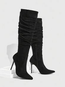 CUCCOO SZL 女士时尚黑色绒面革金属装饰阔腿尖头及膝靴 - 黑色 - 查看 6