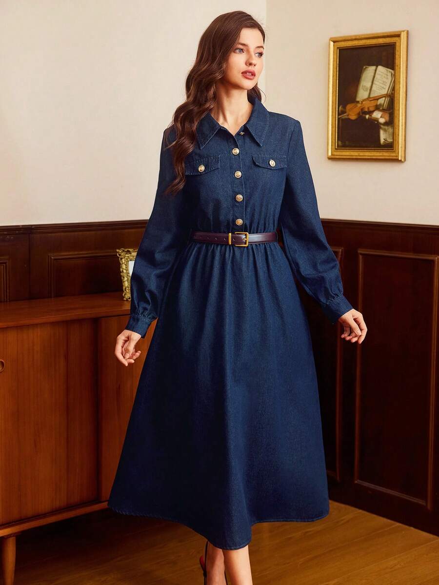 Vintamour 女式长袖金属纽扣设计休闲牛仔衬衫裙蓝色中长裙牛仔中长裙长袖牛仔裙法式连衣裙女式秋季连衣裙冬装女式新年女装派对礼服毕业礼服舞会礼服优雅女士牛仔衬衫裙，金色纽扣和长袖，非常适合休闲外出 - 深色水洗藍 - 查看 1