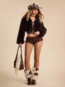 ROMWE EDITION Hippie Western Style Soft Hooded Short Faux Fur Jacket For Women - Coffee Brown - View 6