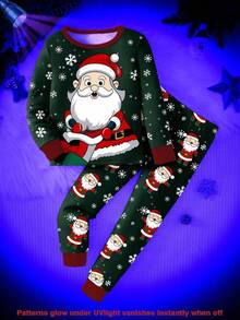 1 Set Boys' Christmas Santa Claus Glow-In-The-Dark Print Snug Fit Long Sleeve Top And Pants Pajama Set, Autumn - Green - View 3