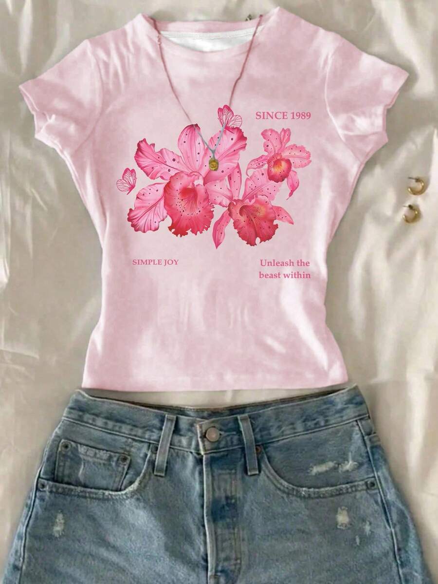 SHEIN Tricou slim fit pentru fete, cu imprimeu floral, guler rotund, mânecă scurtă, confortabil și potrivit pentru vară - Multicolor - Vizualizare 1