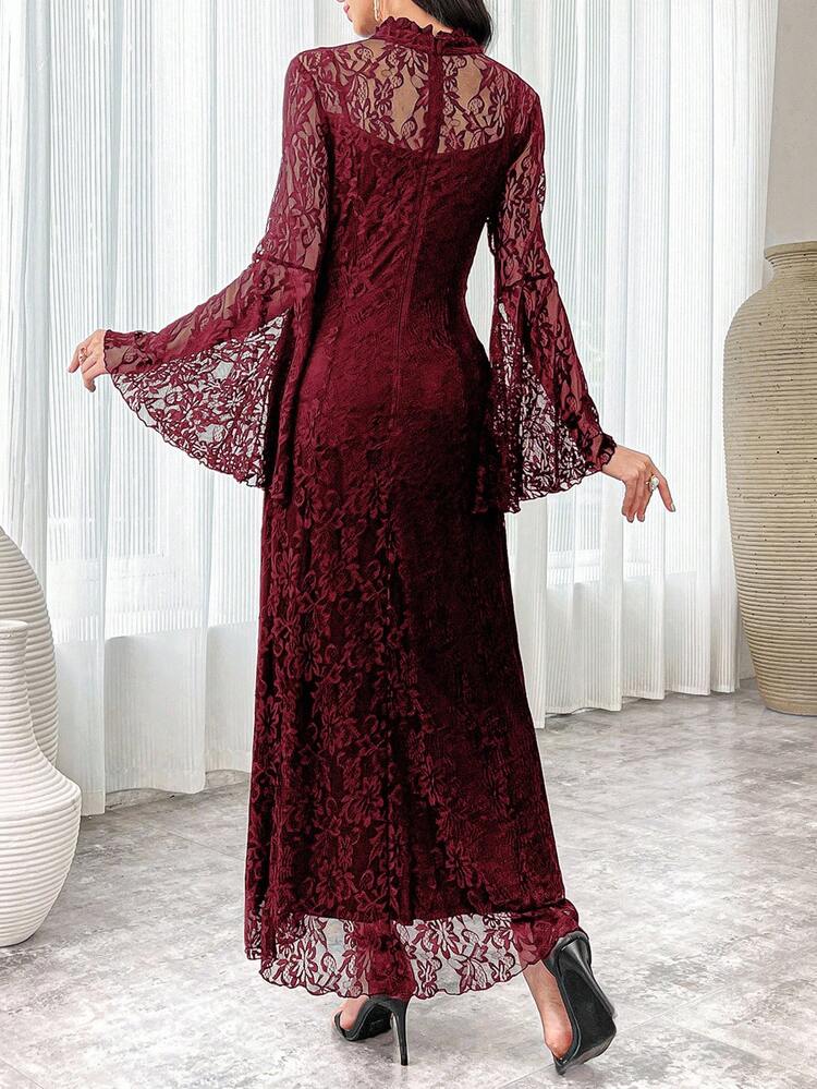 Modelyn Women's Stand Collar Flare Sleeve Lace Elegant Long Arabic Style  Dress Long Evening Dresses | SHEIN USA
