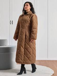 EURMUSE Plus Size Quilted Long Winter Coat - Brown - View 3