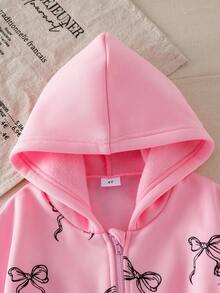Sparklyn Girls' Casual Everyday Sports Pink Bow Print Long Sleeve Hooded Zip-Up Jumpsuit, Comfortable Waist-Cinched Minimalist Chic Girl Romper For Spring Autumn 90s Kids Outfit Cherry Outfit Pink Girl Outfit Pop Star Outfit Kids - Pink - View 7