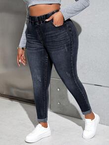 Slaydiva Plus Size Casual Washed High Waist Slim Fit Jeans - Dark Wash - View 6