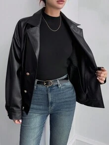 DAZY Women's Casual Solid Color PU Blazer Jacket, Autumn Leather Jacket - Black - View 3