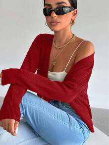 EURMUSE Women's Solid Color V-Neck Single-Breasted Long Sleeve Casual Knit Cardigan,Petite Cardigans,Cardigans - Red - View 3