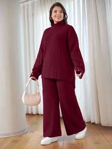 EURMUSE OLUS 尺码 高领休闲灯芯绒毛衣 - 酒紅色 - 查看 3