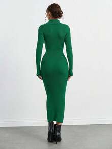 SHEIN Tall Vestido de suéter ajustado de punto acanalado con cuello alto,Vestidos de invierno para mujeres,Mujeres pequeñas,Mujeres altas - Verde - Ver 2