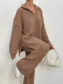 EURMUSE 2 件套女式纯色拉链长袖上衣和直筒休闲运动裤套装 - 駝色 - 查看 4