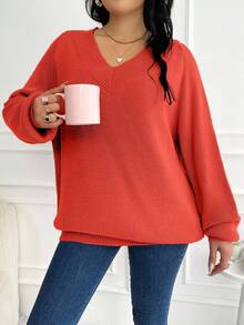 EURMUSE Plus Size Solid Color V-Neck Casual Pullover Sweater - Burnt Orange - View 4