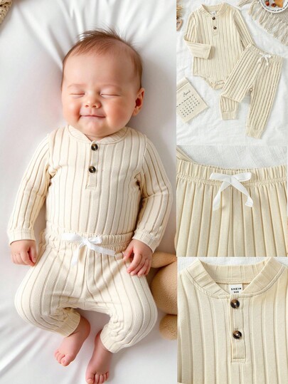 SHEIN 1 Set Recién nacido Niño Casual Minimalista Cuello Alto Manga Larga Mono y Pantalones Largos a Juego con Cordón Decorativo, Adecuado para Primavera/Otoño, Uso Diario, Interior/Exterior, Todo Clima, Versátil Otoño/Invierno, 1M-2T, Conjunto de Mono y Pantalones para Bebé Niño 2 Piezas, Unisex, Conjunto de Ropa para Bebé