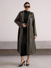 Heiryn Abrigo largo de mujer con cruce, cinturón y manga larga, dunicolordo, elegante, para otoño e invierno - Verde Oscuro - Ver 6
