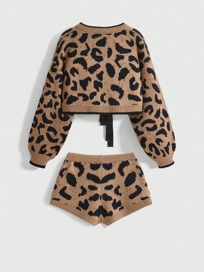 Kawaii 2pcs/Set Women Leopard Print Bow Decor Sweater