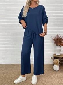 EMERY ROSE 2 Pieces Set Women's Solid Color Round Neck Pleated 3/4 Sleeve Loose Shirt And Pants Casual 2 Pieces Set Two Pieces Set Women Two Pieces Casual Set Blouse And Pants Set Comfortable Two Pieces Set 2 Pieces Set Fall Clothes For Women