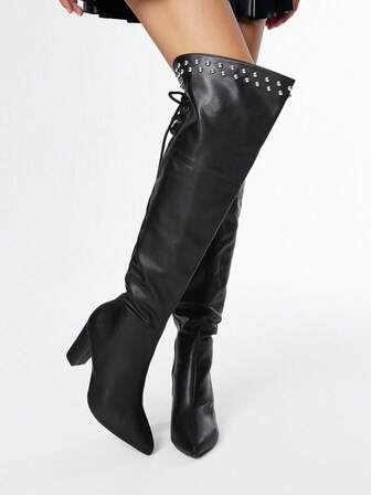 Grunge Punk Women's High Heel Boots, Versatile Elegant Pointed Toe Fashion PU Thick Heel Boots, Autumn/Winter