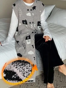 DAZY 星星、云朵、房屋图案针织宽松无袖睡袍，秋冬家居服睡衣保暖内衬