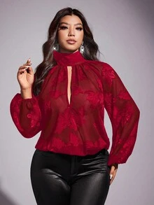 Viva Relle 大码女式花卉提花镂空设计灯笼袖宽松时尚性感上衣 - 紅色 - 查看 4