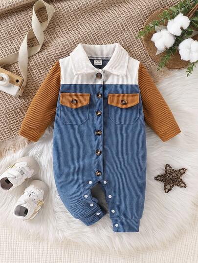 SHEIN Playful Pals 男婴休闲时尚拼布撞色灯芯绒面料长袖连体裤带口袋装饰，适合秋冬户外或日常穿着