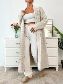 EURMUSE 女士口袋细节长款超大落肩开衫 - 奶油色 - 查看 6