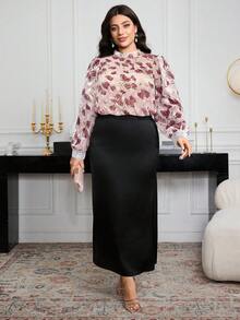 Modelyn Blouse élégante et polyvalente pour femmes grandes tailles, col mao, manches longues, en chiffon jacquard avec patchwork de dentelle - Multicolore - Voir 7