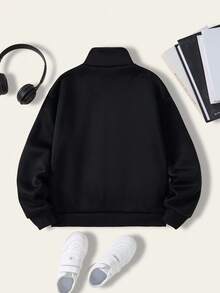 SHEIN Explorewe 1 件男童休闲条纹图案印花立领夹克，百搭运动风格 - 黑色 - 查看 3