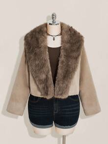 SHEIN ICON Plus Size Faux Fur Collar Jacket In Apricot, Warm Daily Wear For Autumn/Winter - Khaki - View 3