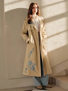 Anewsta Savoree Solid Color Contrast Asymmetrical Floral Embroidered Handmade 3D Flower Lapel Raglan Sleeve Belted Long Trench Coat