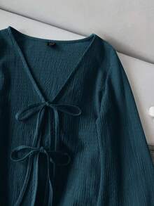 SHEIN LUNE 女士休闲纯色系带喇叭袖上衣 绿色上衣 深绿色上衣 针织衫 绿色开衫 田园风服装，休闲 - 藏蓝色 - 查看 3