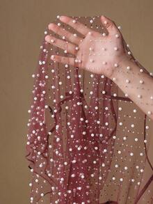 Anewsta 透明网眼女式加大码长袖夏季水钻珍珠上衣 女式春季服装 - 鏽棕色 - 查看 7