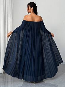 Elenzga Robe élégante à manches cape épaules dénudées avec plissé floral 3D pour femmes grande taille - Bleu marine - Voir 2