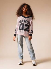 SUMWON Pulover grafic cu model varsity, design numeric, garnitură cu nervuri, croială lejeră, toamnă-iarnă, casual, confortabil, ținută de casă, jerseu tricotat - Roz - Vizualizare 3
