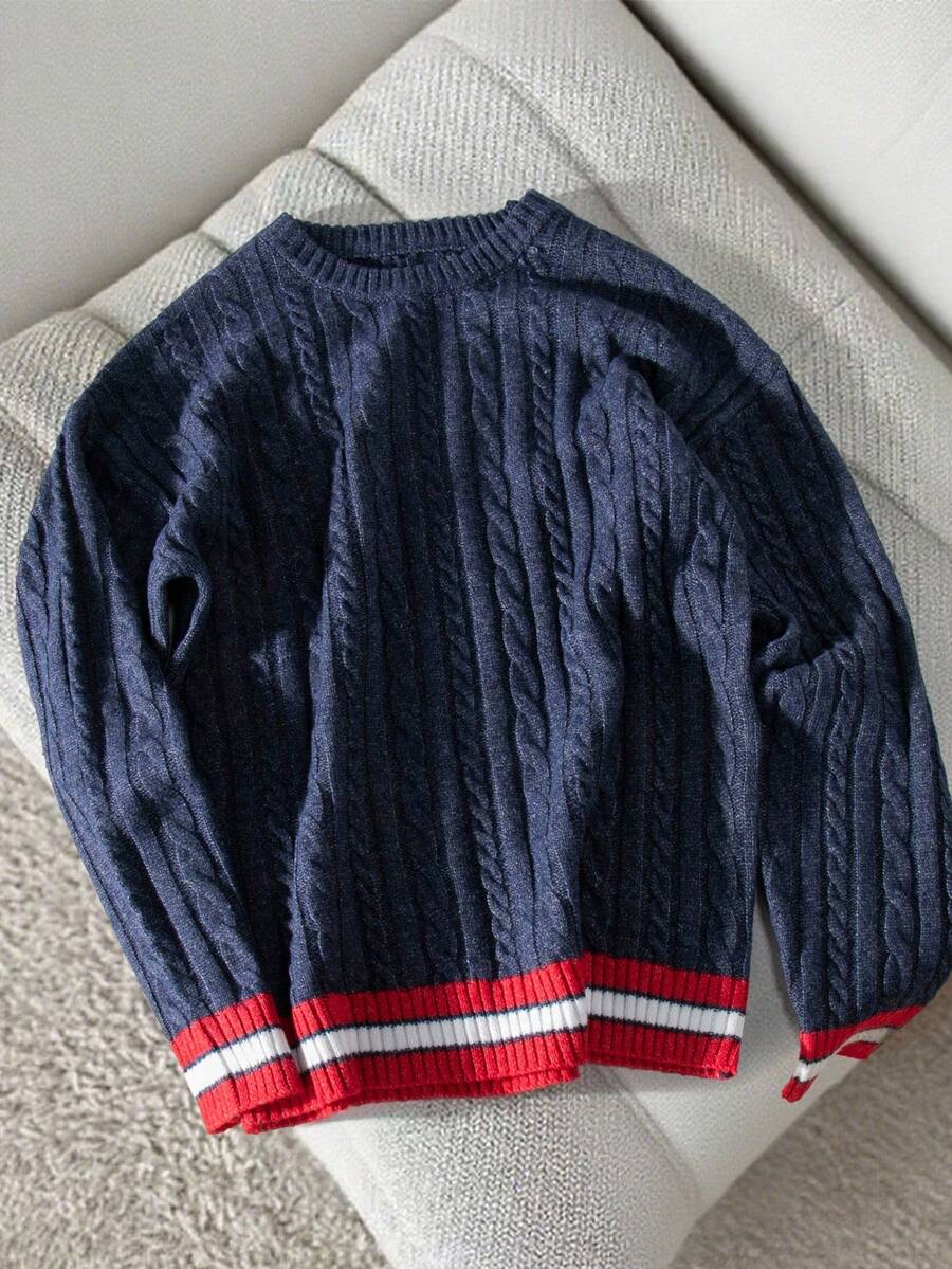 Claim Dot Jersey de punto de cable con ribete de rayas de contraste estilo universitario casual para hombre, otoño/invierno - Azul Marino - Ver 1