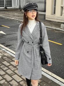 SHEIN Teen GirlWomen's Casual British Style Grey Plaid Double-Breasted Long Trench Coat, Suitable For Commuting And Daily Wear - Grey - View 3