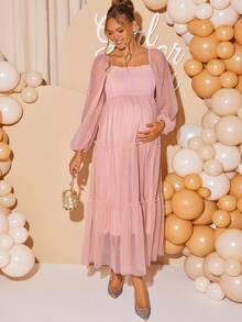 Loomaby 孕妇拼接网眼圆领长袖连衣裙 - 粉色 - 查看 7