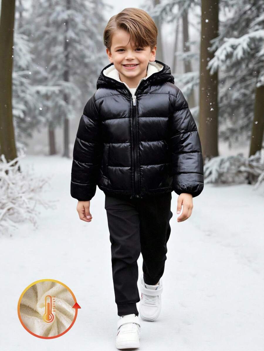 SHEIN 1 件装年轻男孩儿童休闲纯黑色长袖连帽宽松棉质夹克，新款秋冬开学季 - 黑色 - 查看 1