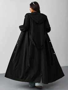 SHEIN EZwear Plus Size Hooded Water-Resistant Long Windbreaker, Autumn/Winter - Black - View 2