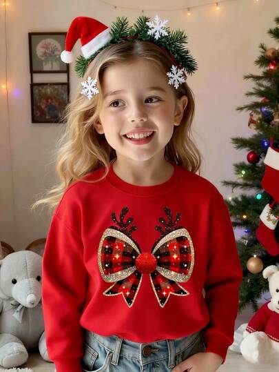 Ținută de Crăciun pentru fete: Hanorac la modă și drăguț cu imprimeu grafic și funde în carouri de reni, topuri confortabile și călduroase de toamnă/iarnă, potrivite pentru petrecerea de Crăciun