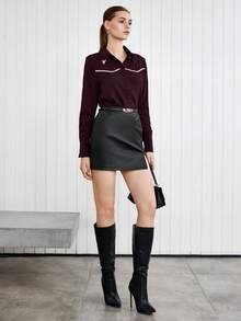 BizChic 2025 秋冬新款深紫色红色领口前扣单排扣口袋翻盖撞色饰边设计女式衬衫，90 年代教师时尚优雅商务休闲办公装，复古经典百搭浪漫适合正式场合、派对、婚礼嘉宾、女主人、乡村音乐节、早午餐、机场、国庆节、新年、圣诞节、感恩节休闲外套 - 酒紅色 - 查看 4