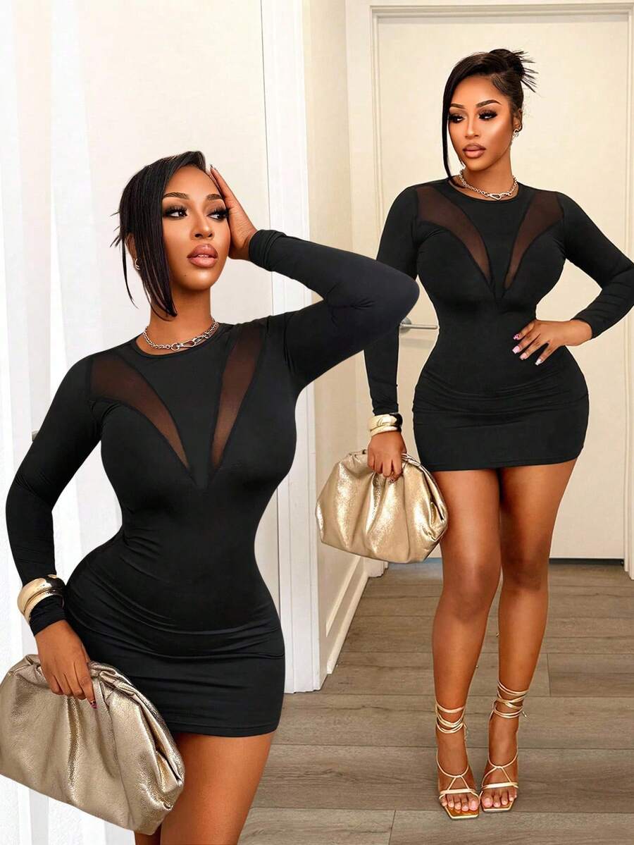 BamGleam Women's Mesh Patchwork Long Sleeve Sexy Dress - Black - View 1