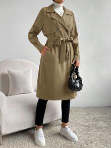 SHEIN Essnce Women's Solid Color Lapel NeckLong Sleeve Double-Breasted Casual Commuter Trench Coat, Autumn