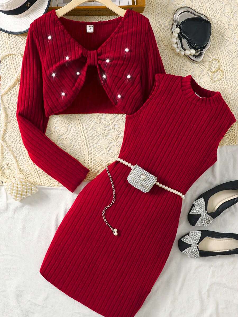 SHEIN Conjunto de 2 peças com Cardigã de Manga Longa com Laço e ...