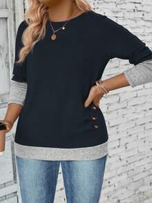 EMERY ROSE Women's Casual Round Neck Long Sleeve Side Pleated Large Button Decor Design Plus Size T-Shirt, Autumn/Winter - Navy Blue - View 4