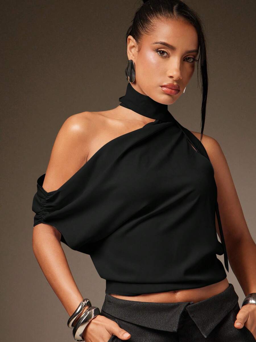 Hauture Sexy Mob Wife Party Casual One Shoulder Neck Scarf Ruched Blouse Top - Black - View 1