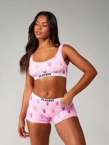 Missguided x Playboy 女士柔软休闲套装 Bralette 男式短裤配套睡衣节日礼物全覆盖弹力舒适睡衣内衣套装 - 粉色 - 查看 4